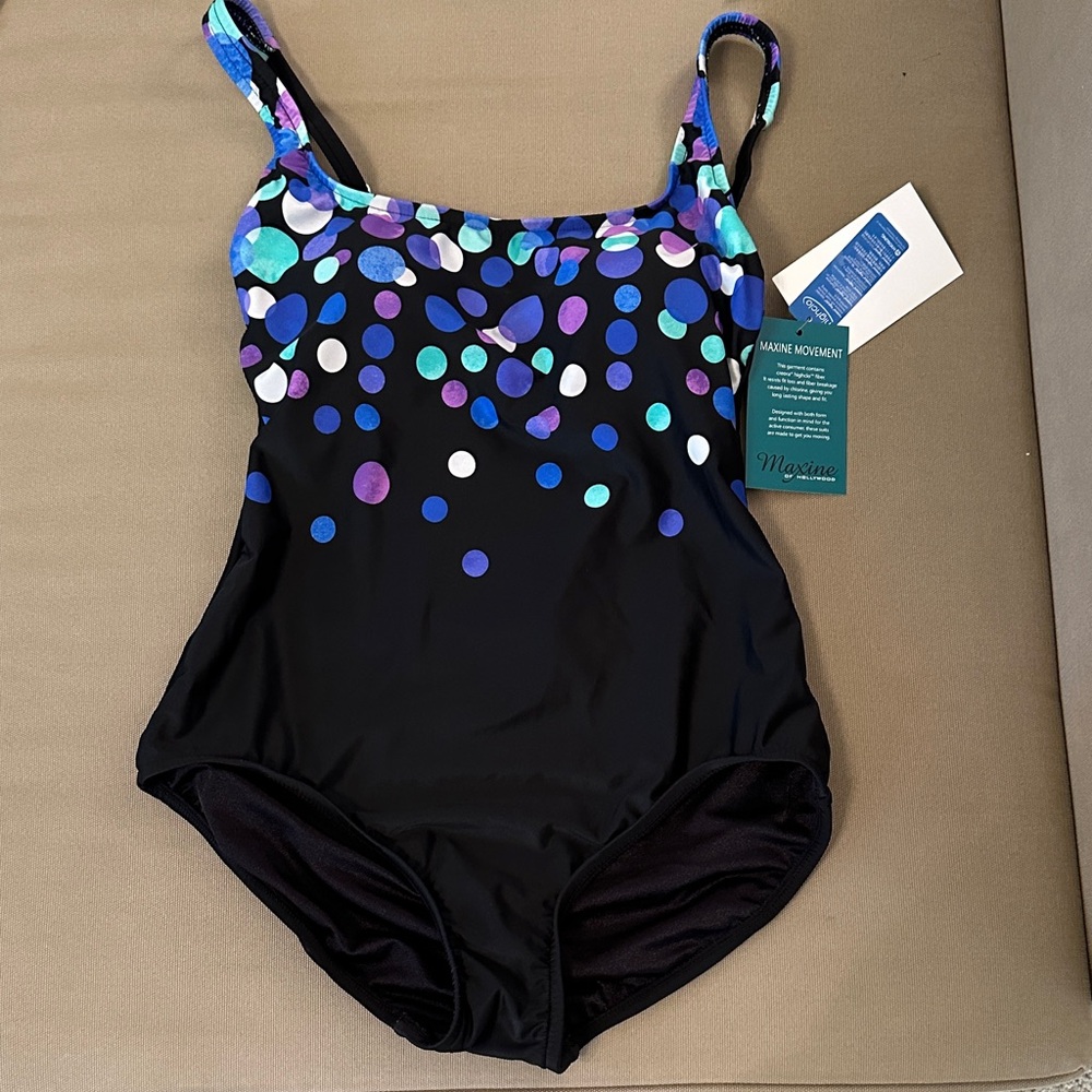 Maxine of Hollywood Black One Piece with Blue and Purple Dots